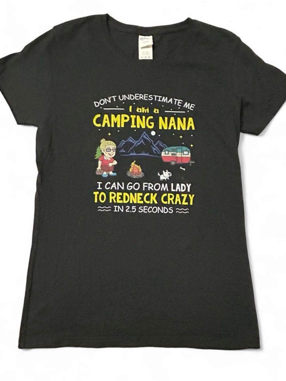 Gildan Black 'Camping Nana' Graphic Tee with Yellow Accents